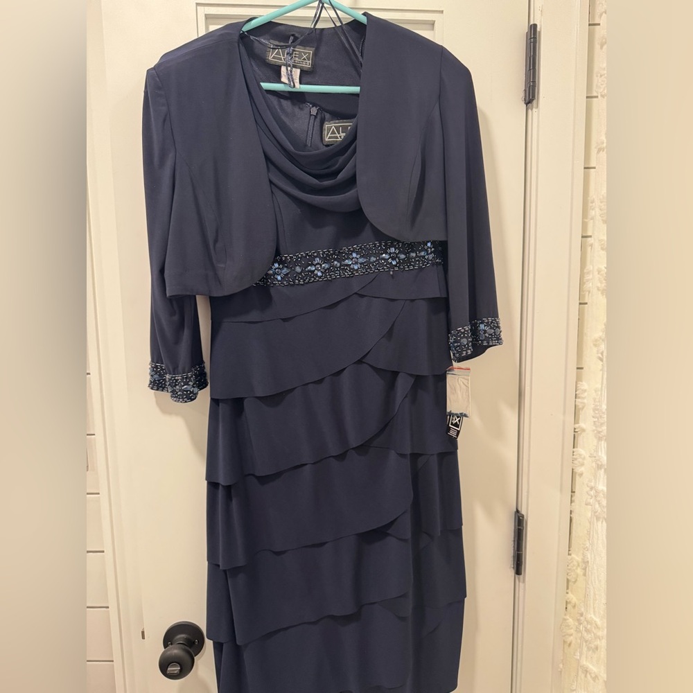 Alex Evenings Midnight Blue Layered Dress with Embellished Jacket